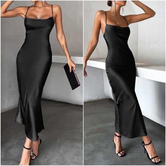 Luxe Satin Lace up back Backless Party Evening Dress - Picture 2 of 9